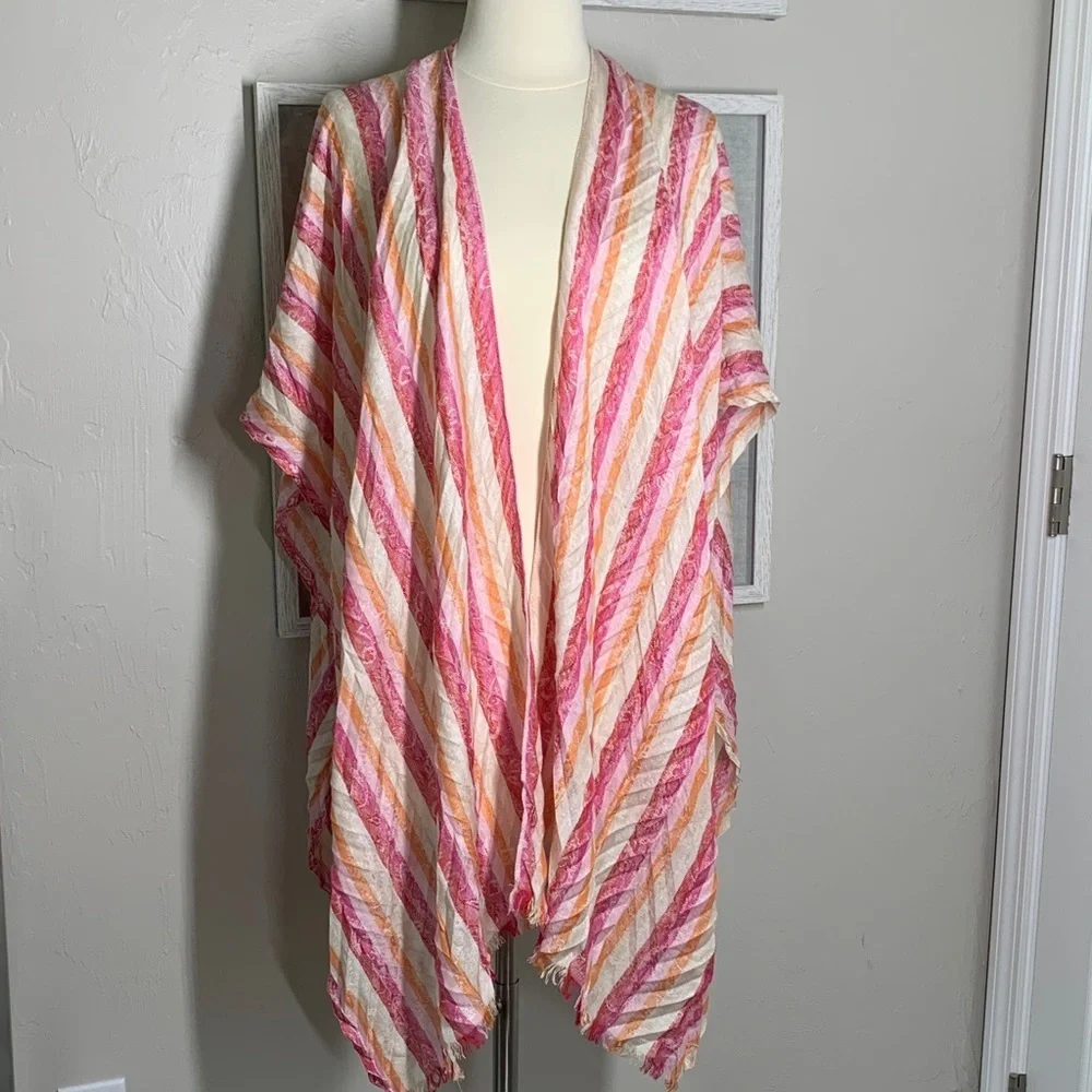 Chicos pink white and orange striped shawl